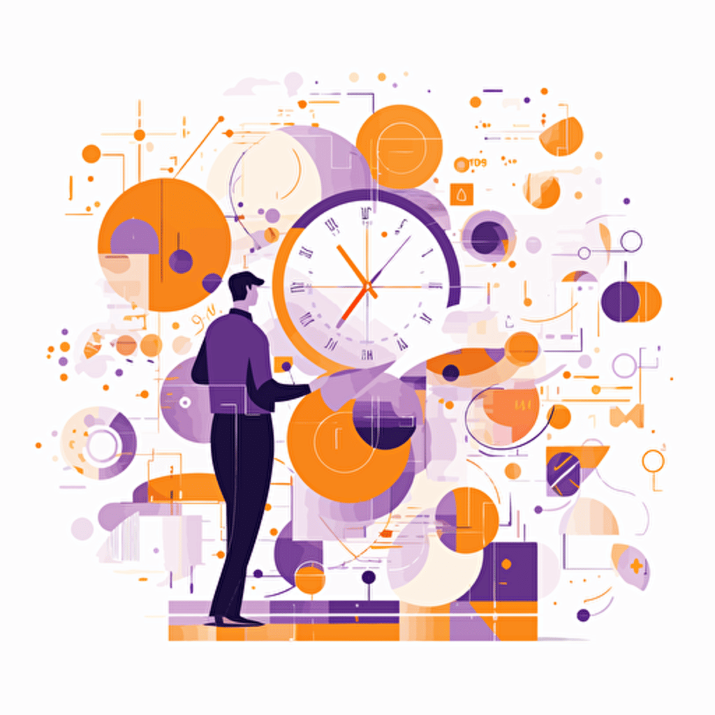 flat modern vector image of the concept of flexible schedules, complemenatry colours, bright orange and purple, high resolution, white background, creative visualization, detailed