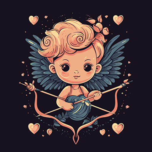 cute vector art cupid with bow and heart arrows in air black background
