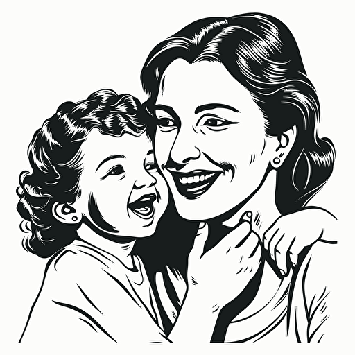 vector image of aA laughing mother and laughing child sharing a secret whisper in ear, logo art, brand logo, black and white, no background,