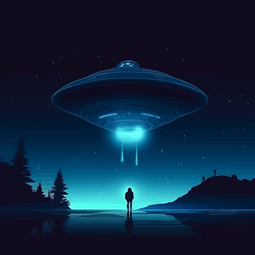 Alien Ship, Big Blue Beam, abducting a person, at night, Vector Style
