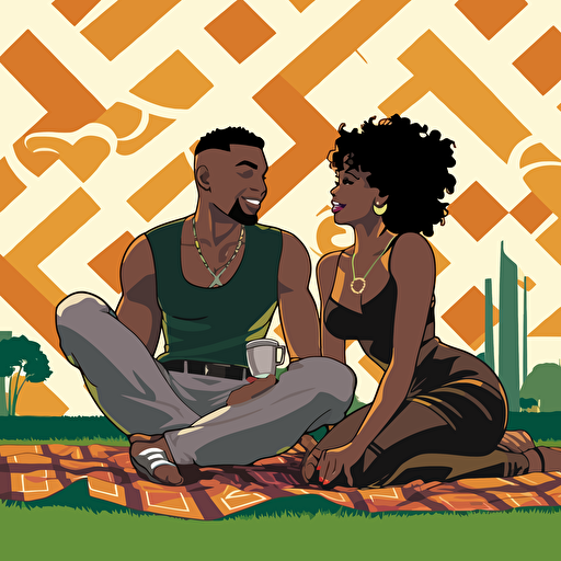 dojinshi manga style, ecchi, black flirty couple, summerpinic ,black busty lady wearing a bikini, black man extremly muscular, laughing, flirty, sexy, they sit passionately on pinic blanket on grass, iconic, Atlanta, Georgia, warm and earth tones, vector, high res, art directed by Art Paul