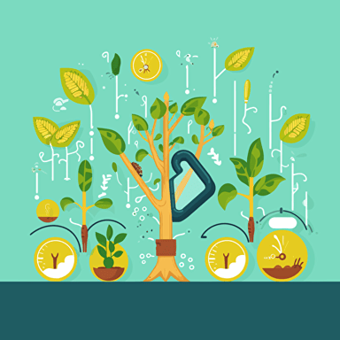 a cheerful professional scientific vector image showing corn plants roots with a magnifying glass showing soil microbes and DNA