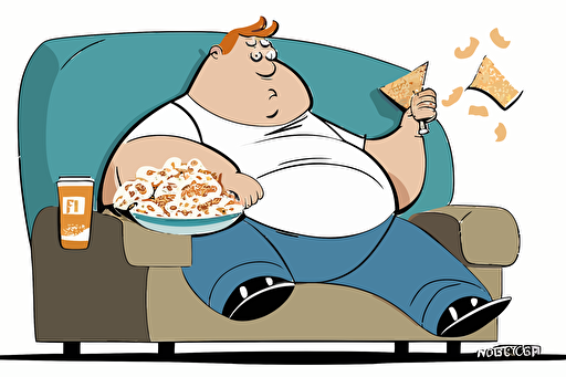 a cartoon vector on a white background of a man very comfortable and relaxed with a fat belly lying on a sofa eating a packet of crisps