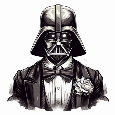 draw black white dark vader , with gentelman- with bow- style vector art stencil v5