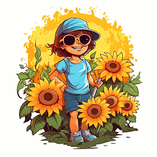 A child happily watering a vibrant sunflower in a lush garden, sunflower smiles, sunflower wears sunglasses, vector logo design