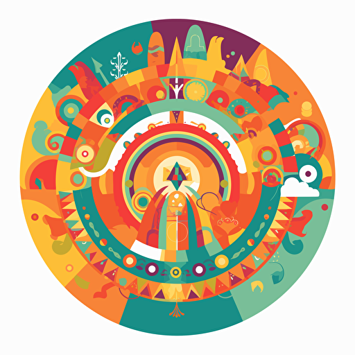 a round festival logo icon, colorful, flat bright colors only, no gradients at all, vector clean art, no shading