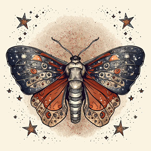 a beautiful moth with a surrounding star design in detailed drawing style + simple vector + bright colors on a white background