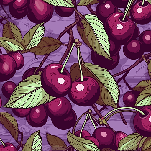 Peruvian Cherry illustration, epic composition, 2d vector, purples, seamless pattern