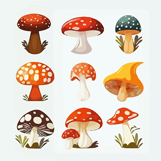 6 different mushrooms. Vector, stickers, simple. White background