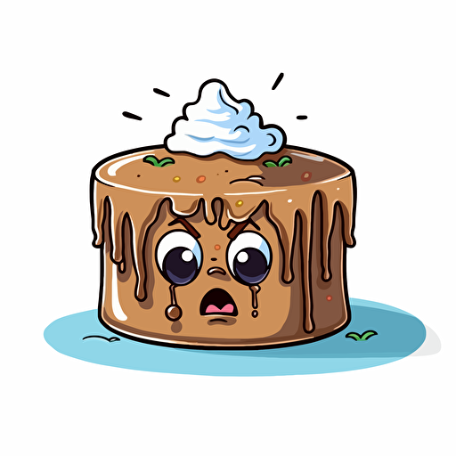 a anthropomorphic cake with limbs crying sadly, vector, simple colors, white background