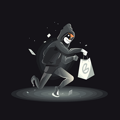 a robber vector who is carrrying a translucent bag of coins with copyright symbol on it
