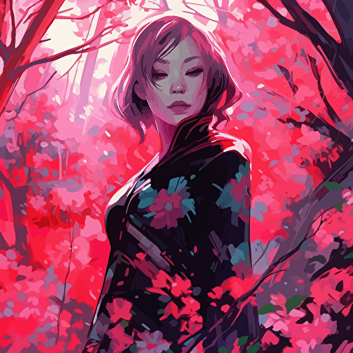 desinge, vector, deep pink, japanese style, cheery blossoms, fireflys, in the style of becky cloonan, john watkiss
