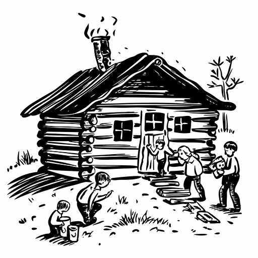 cabin, "people playing games":2, logo:3, black white drawing, vector