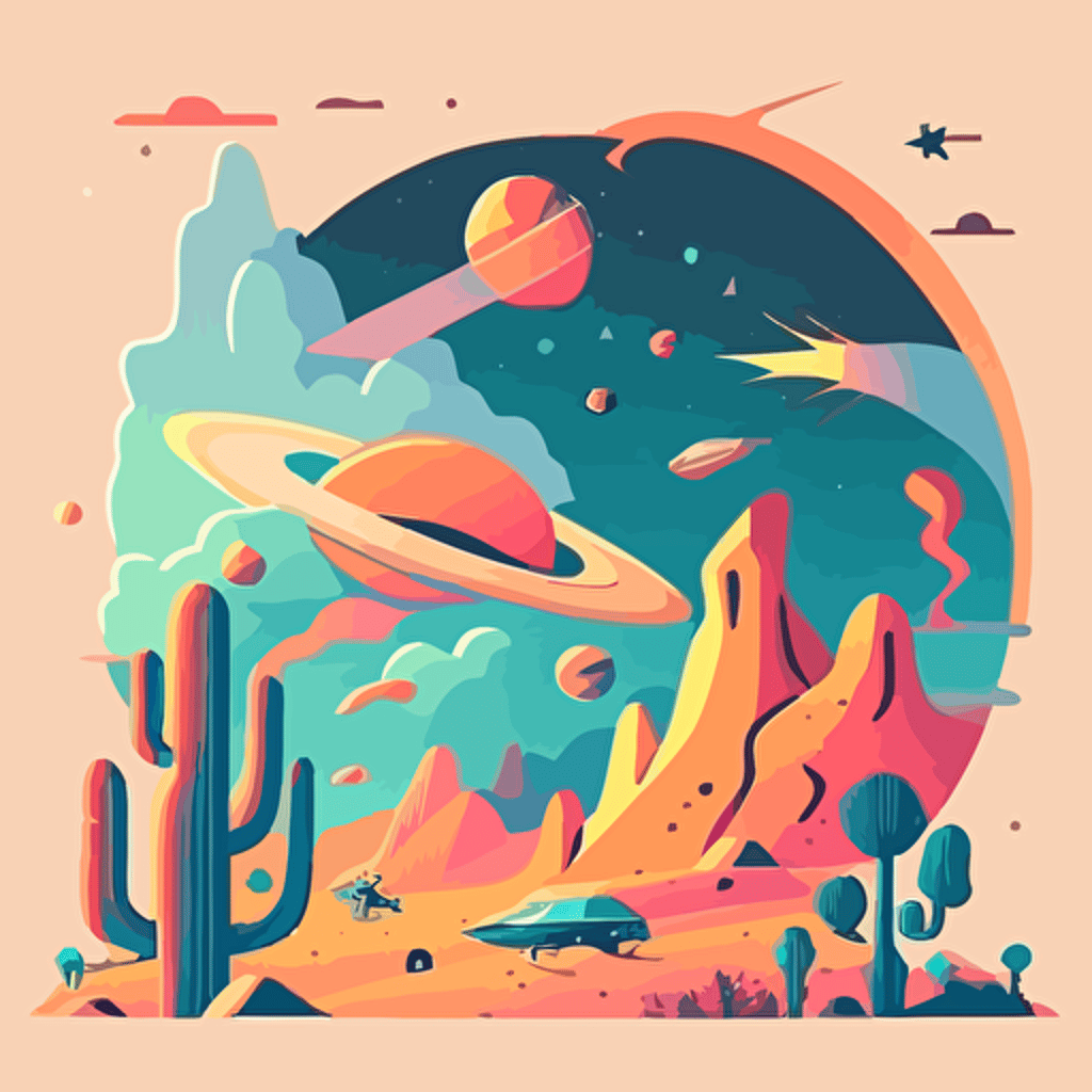 2d flat vector cartoon illustration, vivid colored mountain s on an alien planet with galaxies in the sky, mid century style