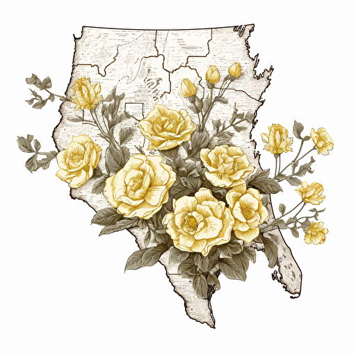 Vector drawing of the state map of Texas with small yellow rose flowers inside