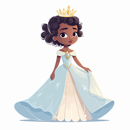 vector illustration full view image of a cute, adorable, beautiful little mix race girl princess standing, wearing a white and blue child gown and a beautiful golden crown.