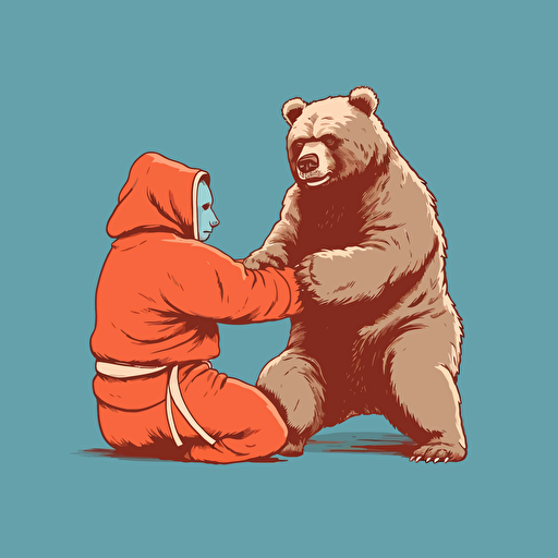 Bear holding another bear's leg between its own leg taking the bear down, wearing jiu jitsu clothes, vector animation illustration, 4 colors limit, solid background, high resolution