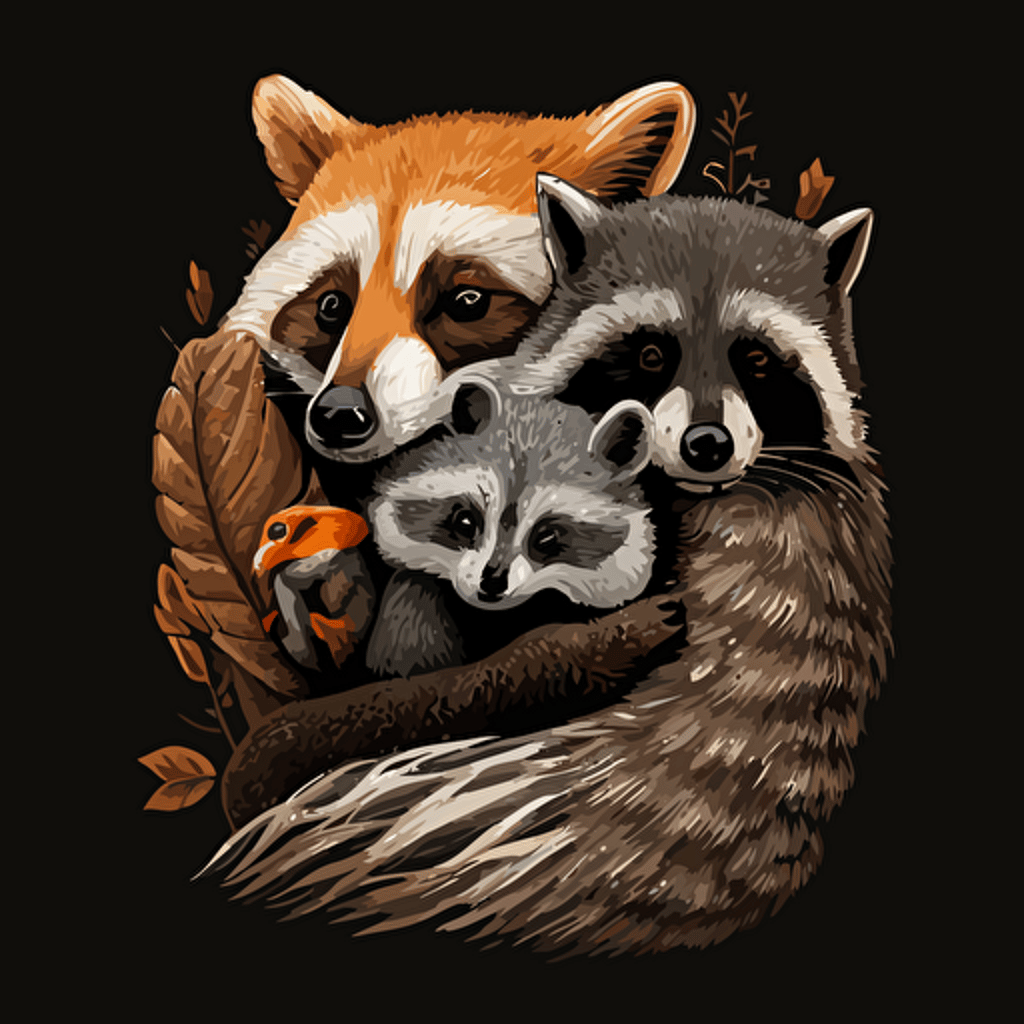 a racoon, fox, squirell and a possum hugging vector black background