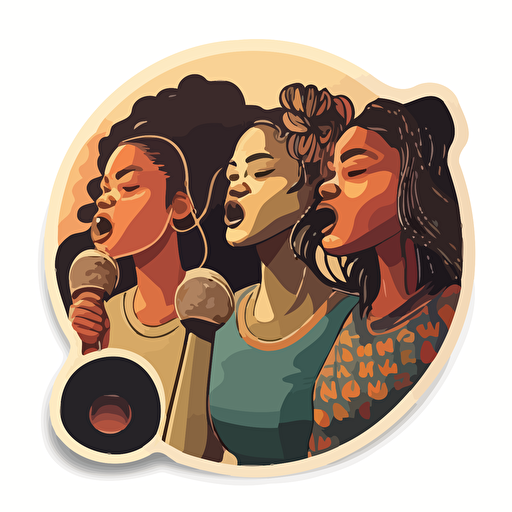 a die-cut sticker representing three diverse women of different ages and body shape demonstrating with a loudspeaker and their fist in the air, vector corporate art