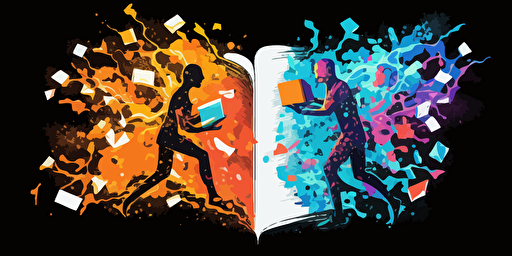 a fun and exciting debate between two people surrounded by books, computers, and math equations, sparks flying, splashes of color, vector