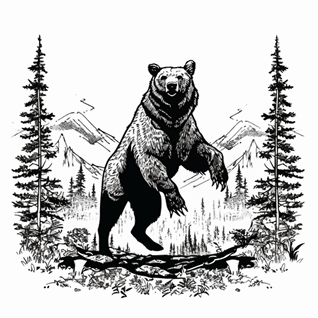 Grizzly bear with elk antlers, standing on two legs, Black and white illustration, simple vector : : woodcut style