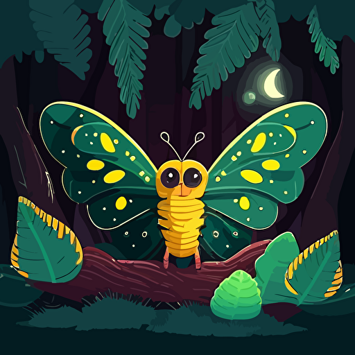 comet moth with big eyes, in a night forest, kawaii, vector illustration, vivid color, cartoon design,