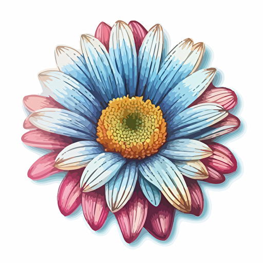 sticker vector design, cartoon drawing, single daisy flower, top view, pink and blue, white background, vivid colors