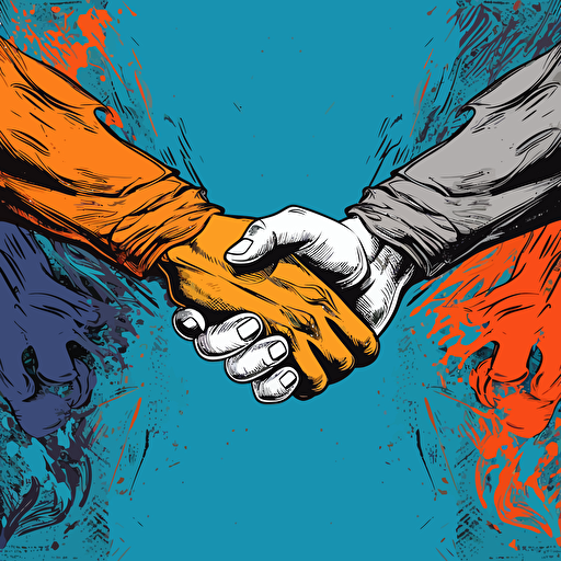 a vector image of a firm handshake, blue and orange and dark gray, graffiti style