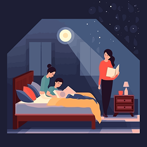 vector illustration of a family making a bed, focus on the bed, stylish bedroom, night time lighting