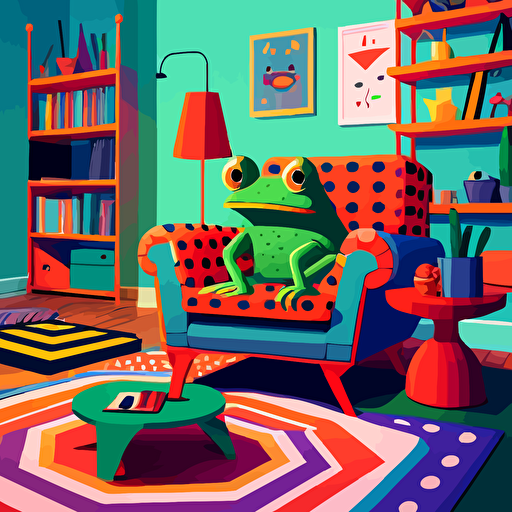Inspired by the Memphis Design style, create a vector illustration of KEK (in his frog form similar to Pepe the Frog) relaxing in a room filled with colorful, geometric furniture and patterns. Set the scene in a contemporary living space, with KEK smirking playfully.