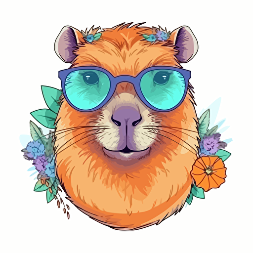 kawaii cute happy capybara wearing sunglasses, highly detailed artwork design vector, contoured, white background