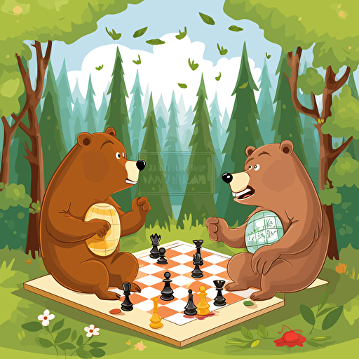 vector illustration of two happy bears playing chess in a forest
