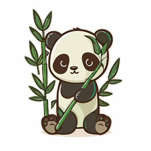 cut sticker of a panda woth bamboo, cute, cartoon, simple vector, flat colors