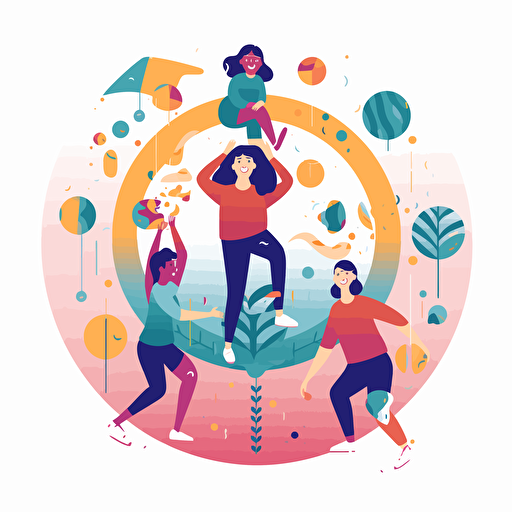 an illustration vector of two kids and their two parents doing yoga together :: kids are in the center of the illustration and the adults are on the sides :: adobe illustrator style, happy faces, colored with hex: 90caf9 and hex: ffb347, UHD