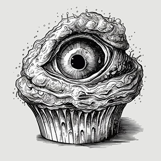 Eyeball Cupcake,Horror art, High Resolution, Highly Detailed, Comic Book art, No Color, Black and White, Ink Pen, Heavy Shadows, Sticker,Vector