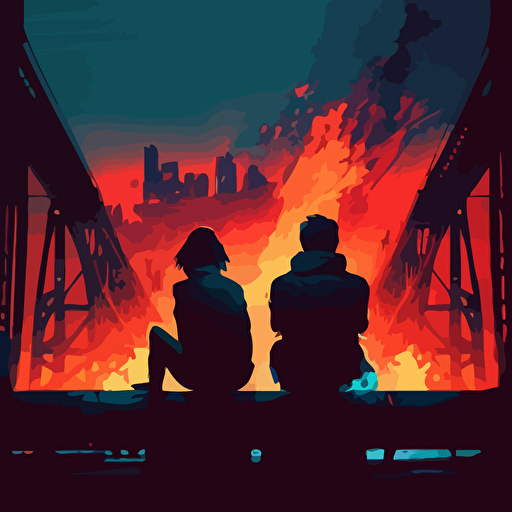 two people silhouetted with their backs to the viewer sitting on a burning bridge overlooking a city, dystopian, animated vector style