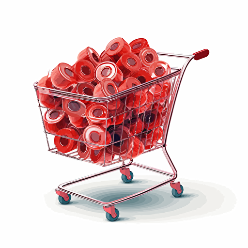 an illustration of a shopping cart filled with red fruit roll ups, for an abandoned cart email, in a circle with white background, vector image style