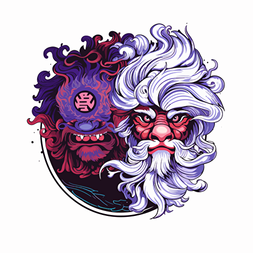 a boho logo of a Chinese dragon next to a traditional lion dancer head, lunar new year imagery, white, black, and purple, white background, vector, 2d