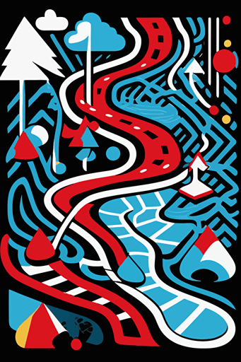 hiking map, simple geometrical shapes, blue, red and white colors, pop art deco illustration, hand vector art, black background,