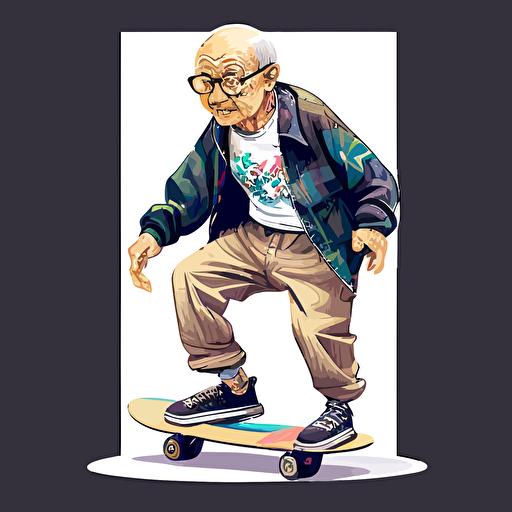 elderly Asian man on a skateboard, wearing trendy skater clothes, vector art