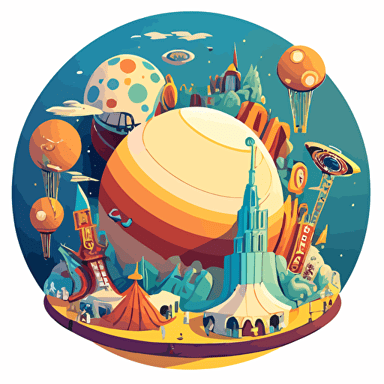 a toon vector illustration of a planet, that contains all the representation of child good memories such as amuzement parks, fairs, circus, cinema