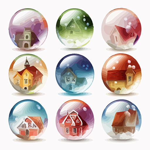 Collection of twelve transparent balls that explode completely with a small town inside. Nature is represented. Vector styling. Very colored. white background without shadow.