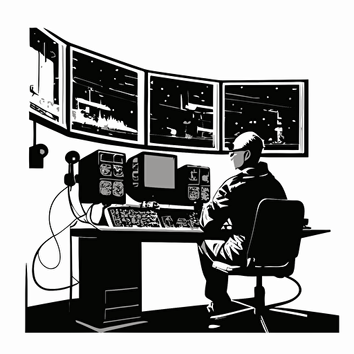 vector illustration of a person seated in a control room, black and white, white background