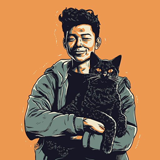 vector art style, 28 year old asian black designer, holding a cat, in the style of Michael Parks