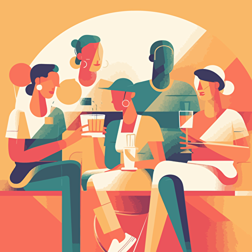 a group of tennis players having coffe in a tennis club, smiling, pastel colours, abstract vector illustration style