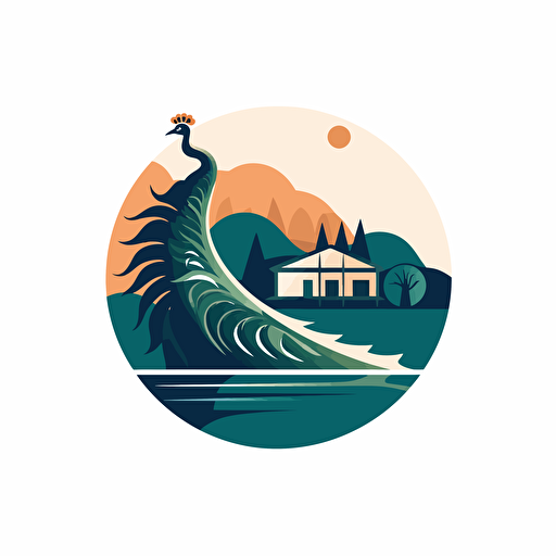 Beautiful abstract vector simple logo, low detail, luxury cabanas, cabanas are close to the top of a hill, the hill is next to a lake, there is a peacock in the roof of the cabana