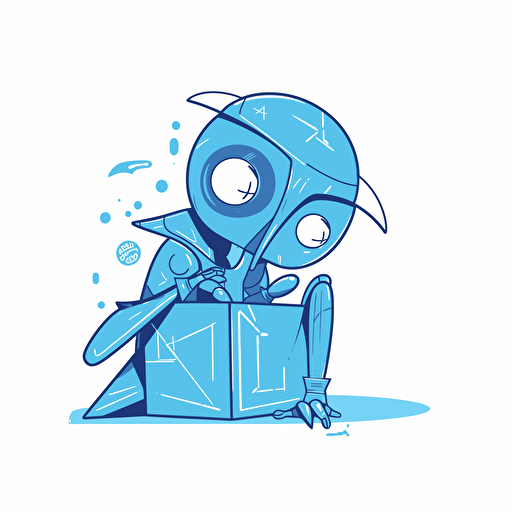 vector doodle minimalist, a thinking bird shaped blue robot thinking within giftboxes