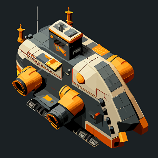 heavy duty space vessel, vector, simple, top down, isometric, orange and grey, black background