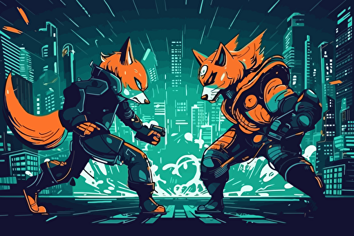 fight between shiba inu cyber punk and fox dark shiba inu outfit battle, city cyber punk, anime background, vector