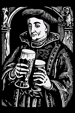woodcut of John Addams holding two mugs of ale, black and white, Durer, woodcut, vector